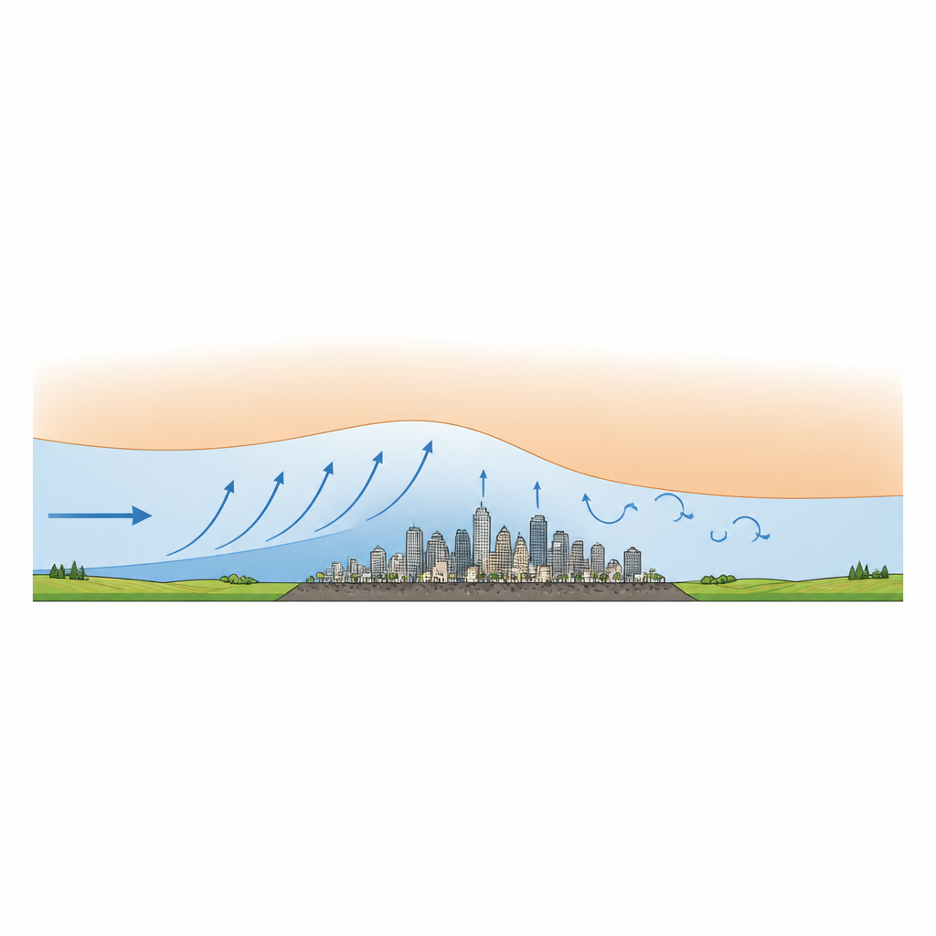 Figure 2. Wie sich das Regenband einer Kaltfront vor dem Erreichen einer Stadt verstärkt, beim Überqueren des urbanen Gebiets aber abschwächt.