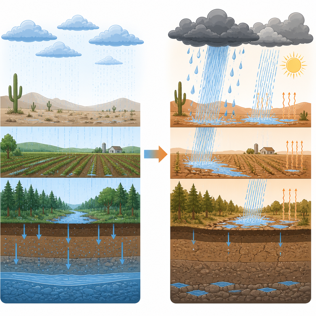 Figure 1. Hoe de verschuiving van veel zachte buien naar minder zware stormen verandert hoeveel water wereldwijd op land wordt opgeslagen.