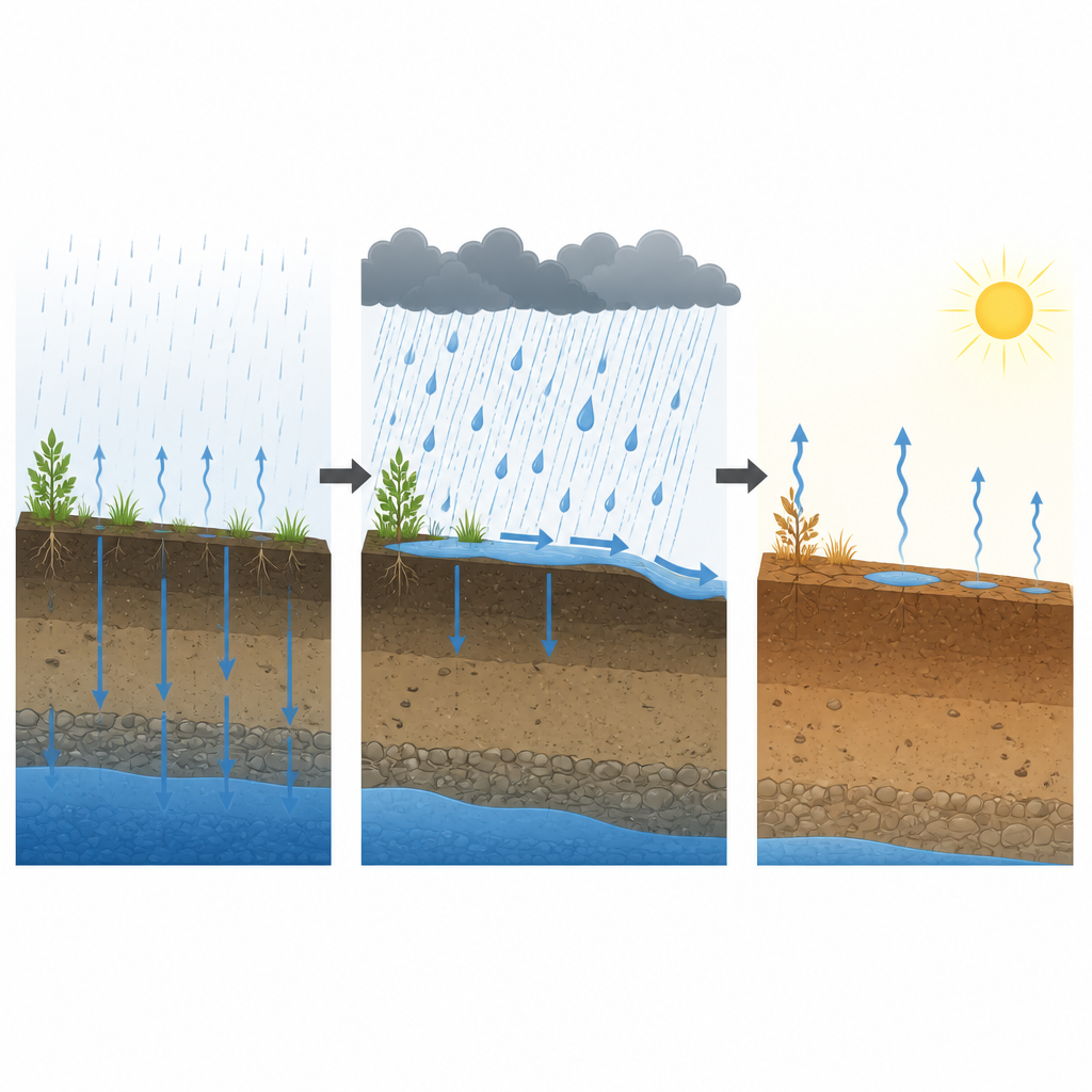 Figure 2. Hoe intense stormen en langere droge periodes water in ondiepe oppervlaktepoelen duwen die verdampen in plaats van bodems en grondwater aan te vullen.