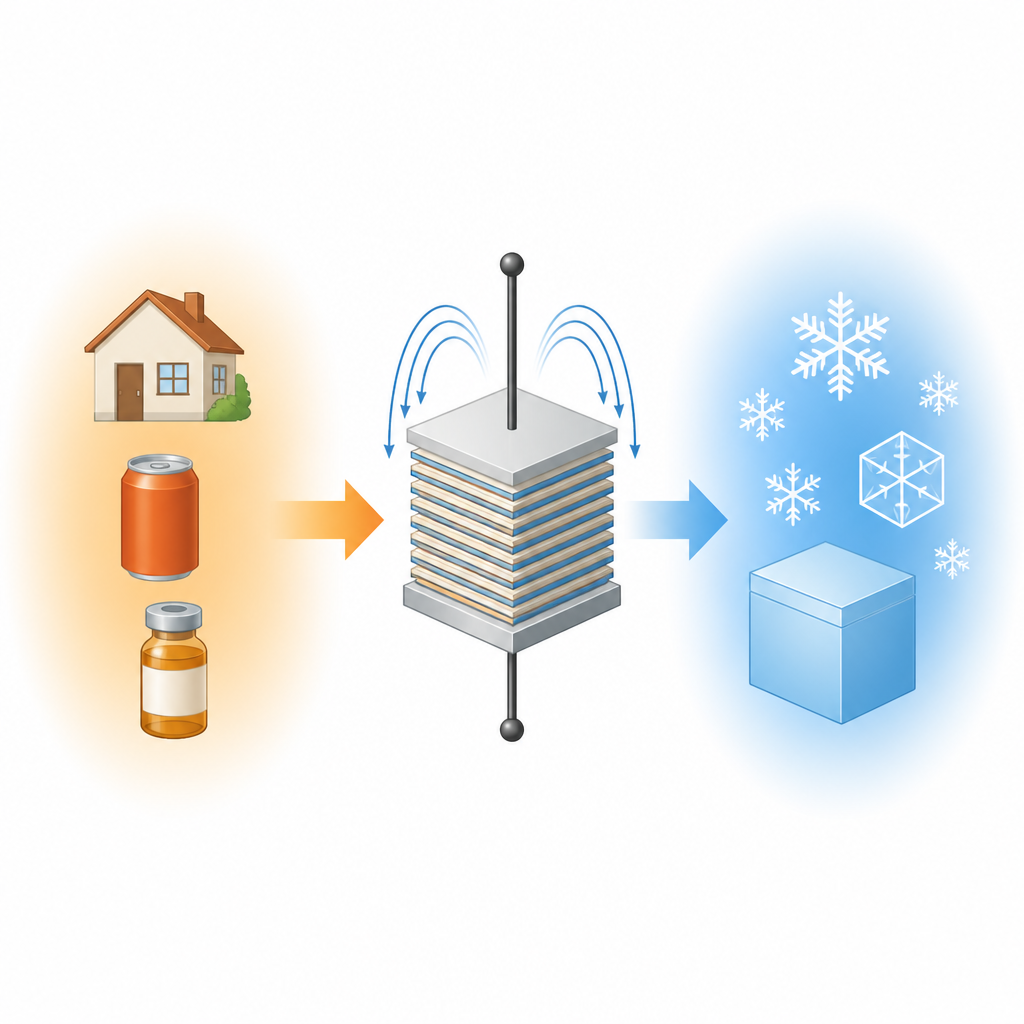 Figure 1. Door een elektrisch veld aangestuurde keramische stapel verplaatst warmte om alledaagse voorwerpen rond kamertemperatuur te koelen.