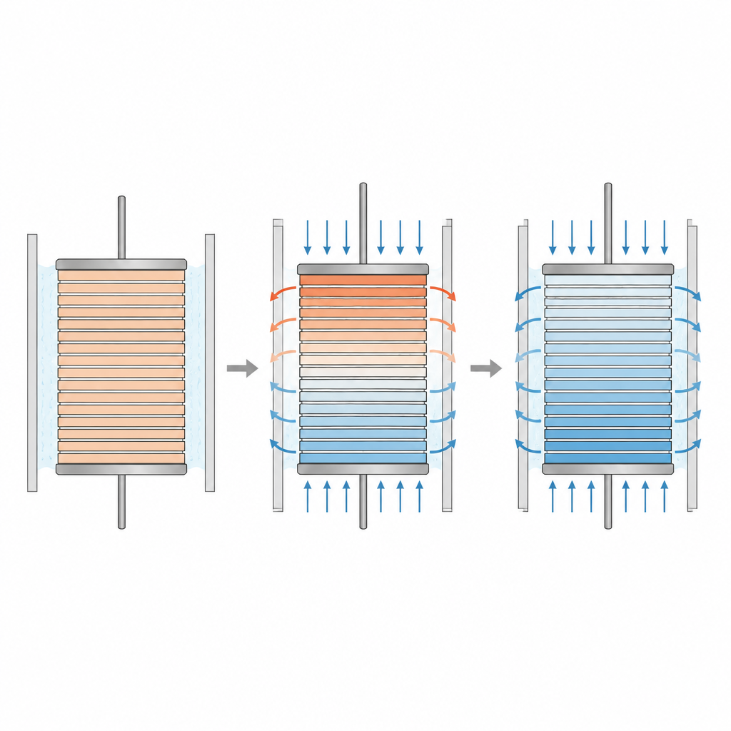 Figure 2. Gelaagde keramische stapel vertoont kleine temperatuurverschuivingen terwijl een elektrisch veld warmte in en uit de omringende vloeistof stuurt.