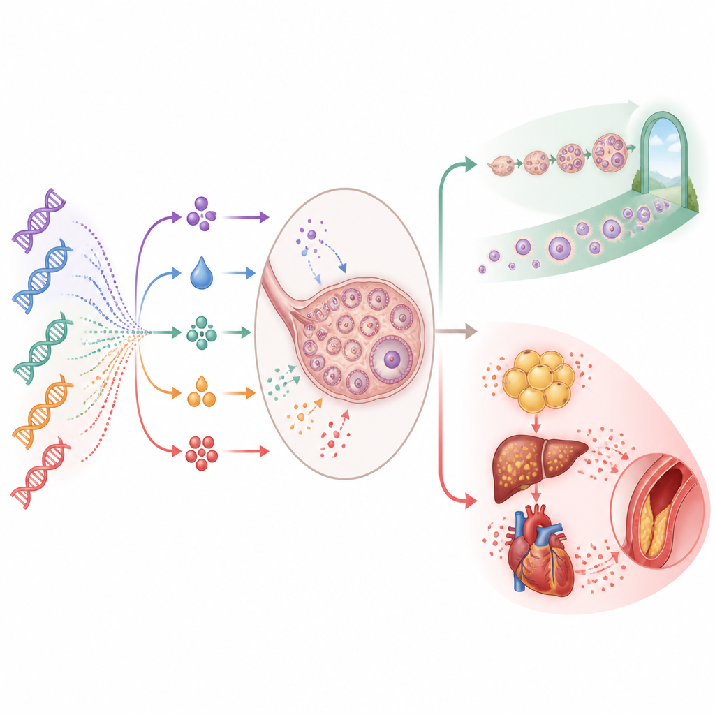 Figure 2. כיצד גנים הקשורים ל-PCOS משנים אותות הורמונליים להרחבת מלאי הביציות תוך העלאת סיכונים מטבוליים ולבביים לטווח הארוך.