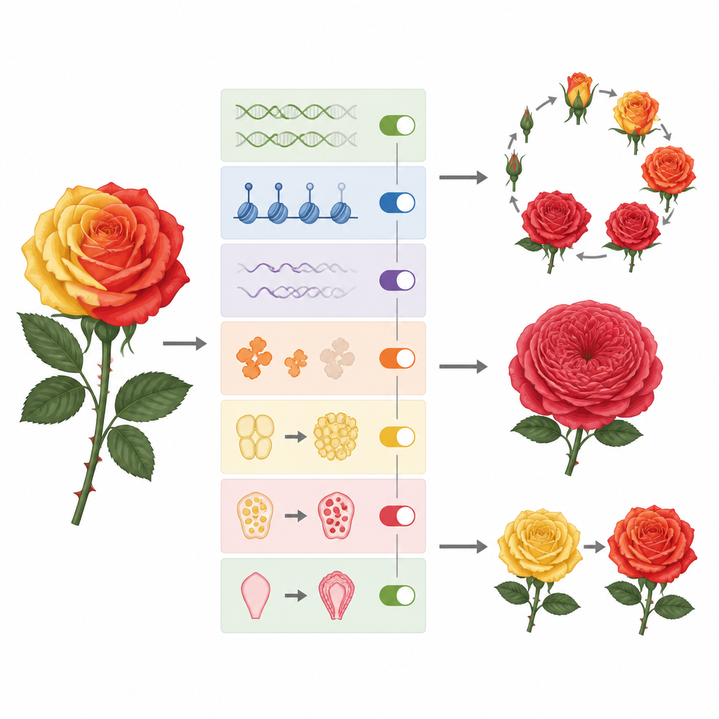 Figure 2. Veranderingen in de DNA-structuur van rozen regelen herhaalde bloei, extra bloembladeren en verschuivende bloemkleur tussen rassen.