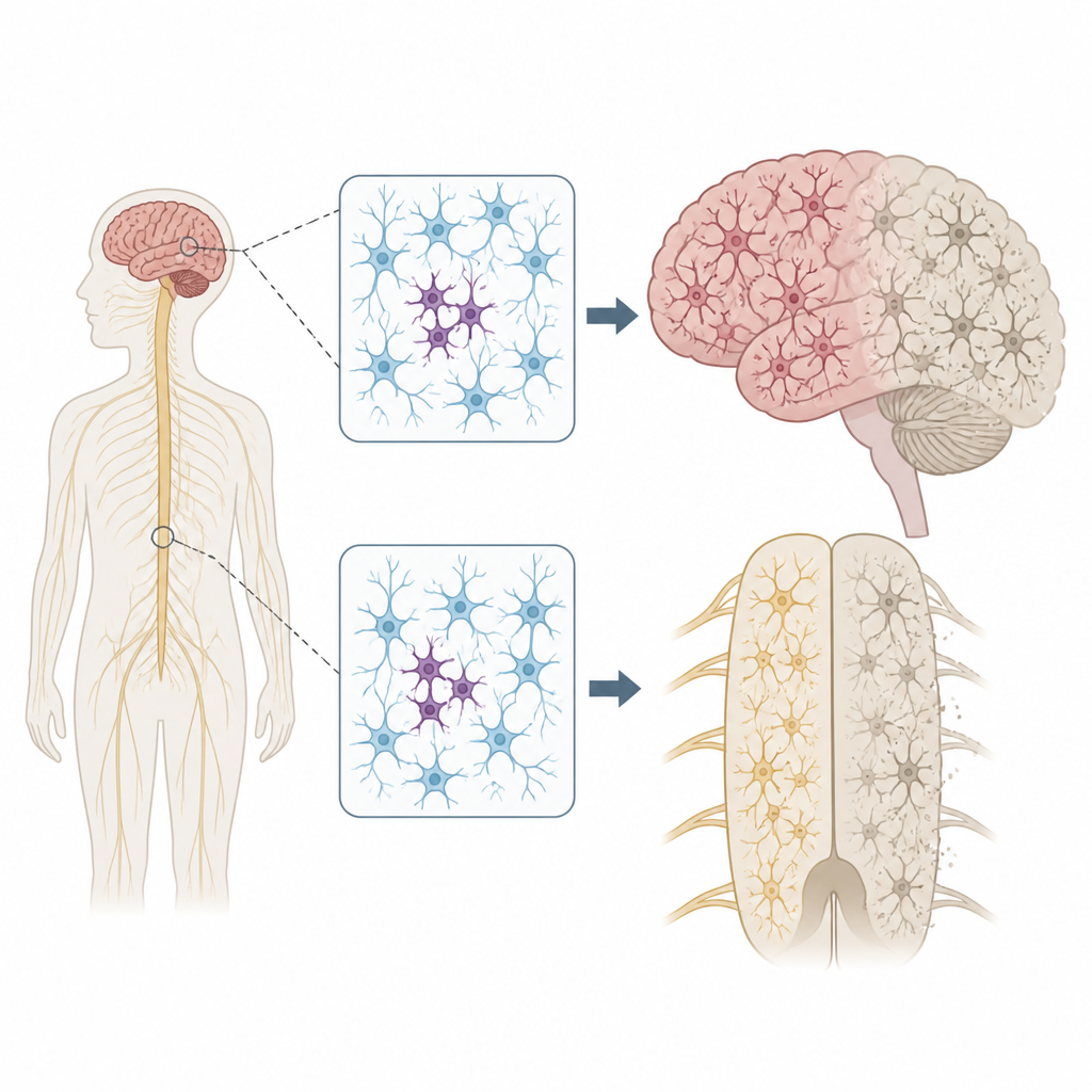 Figure 1. Small patches of mutated brain and spinal cord cells can spark widespread nerve damage in ALS and FTD.