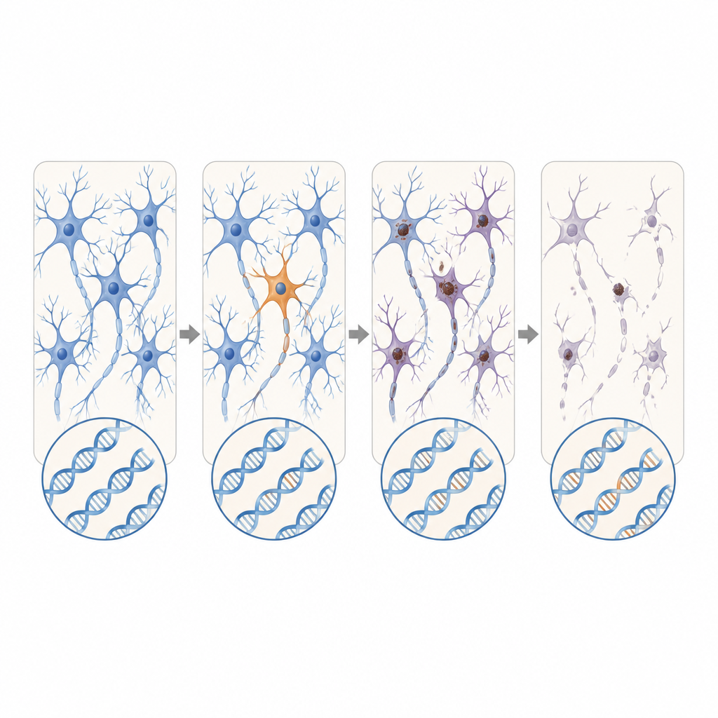 Figure 2. A tiny DNA change in a few motor neurons can lead step by step to protein buildup and loss of many nerve cells.