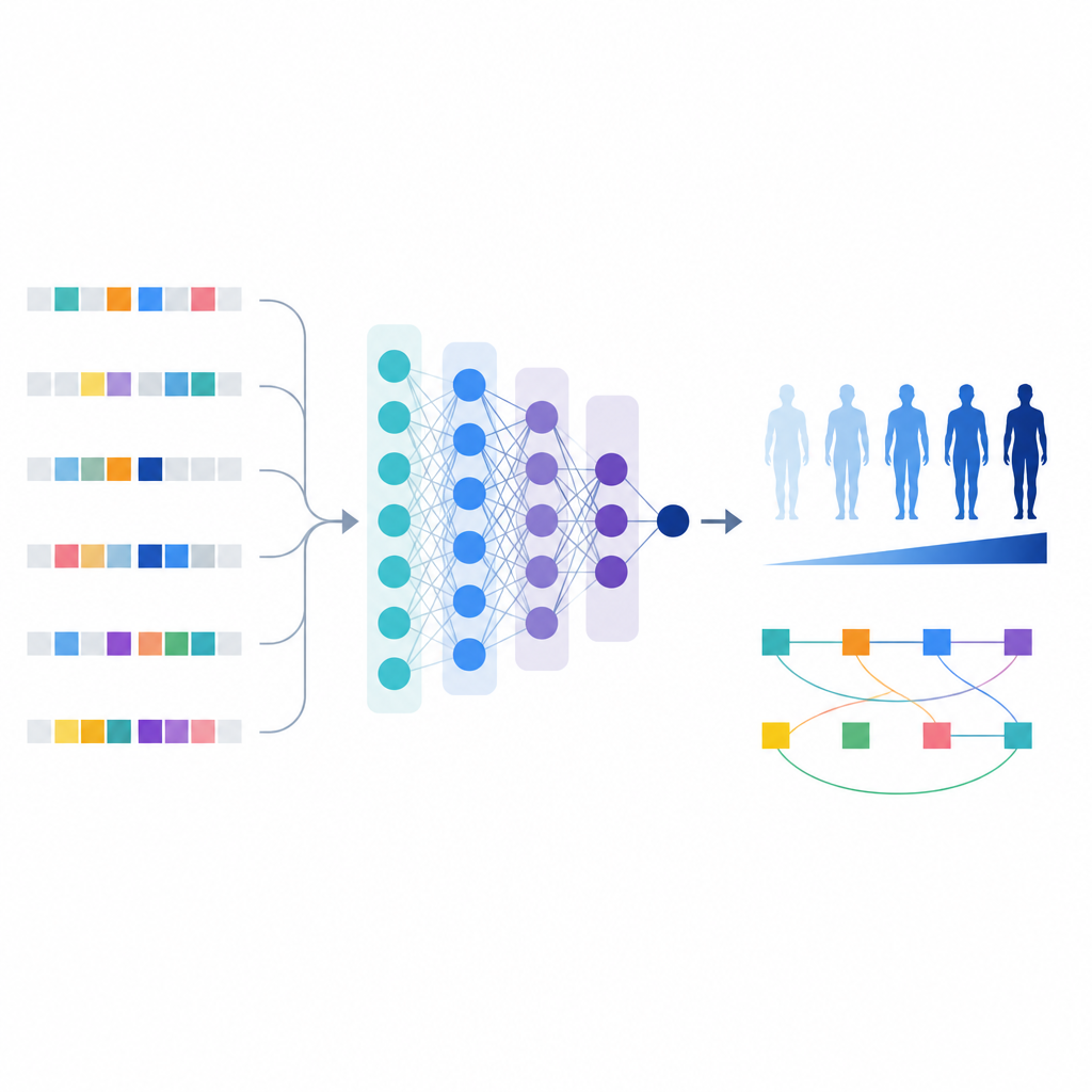 Figure 2. Cómo muchas pequeñas variantes genéticas pasan por un modelo para clasificar el riesgo de diabetes tipo 1 y descubrir interacciones génicas.