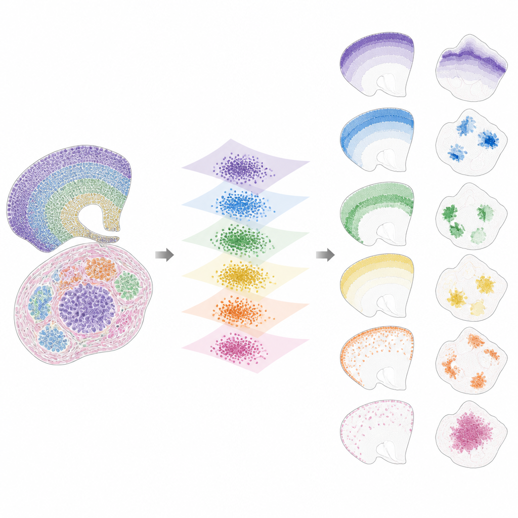 Figure 2. Come il metodo separa mappe tissutali miste in distinti schemi spaziali collegati a specifiche attività geniche