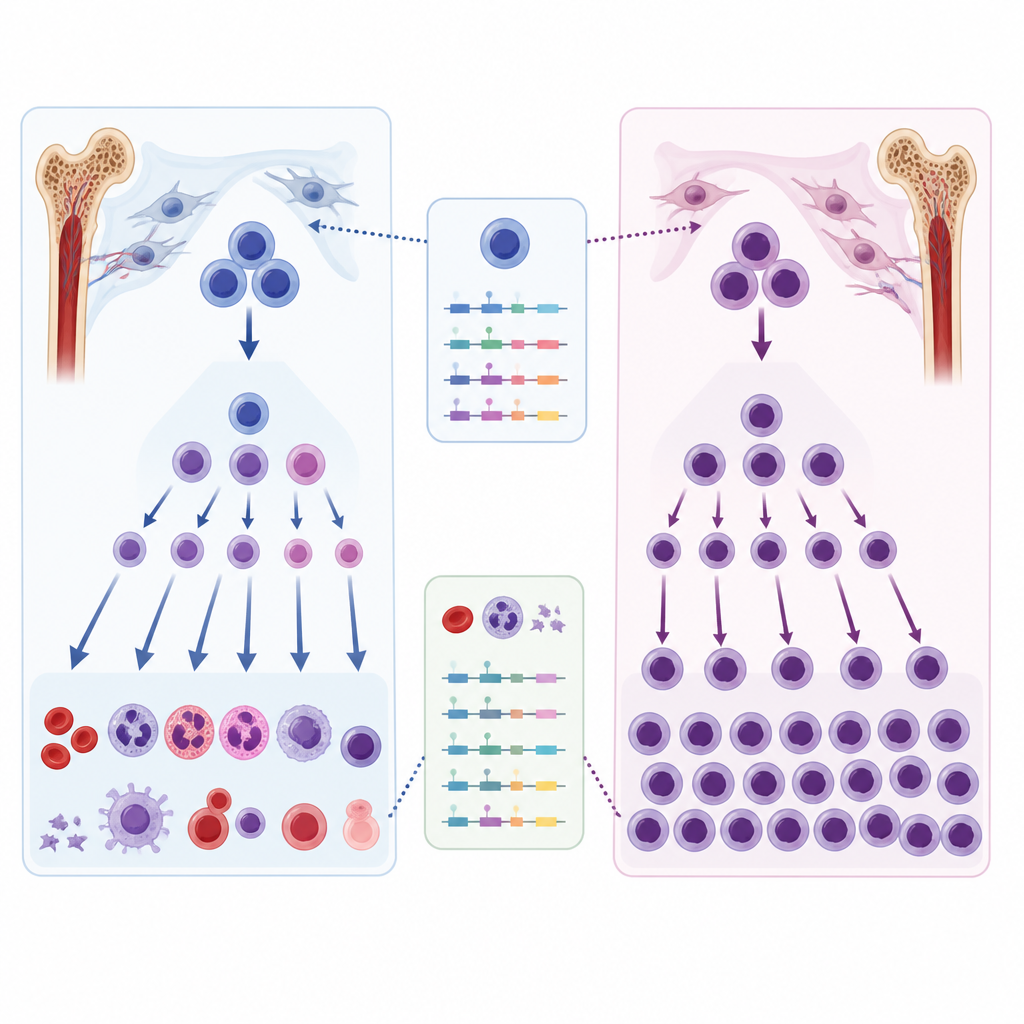 Figure 1. Jak powtarzalne wzorce DNA rozróżniają zdrowe komórki macierzyste krwi od komórek macierzystych białaczki i dojrzałych komórek krwi.