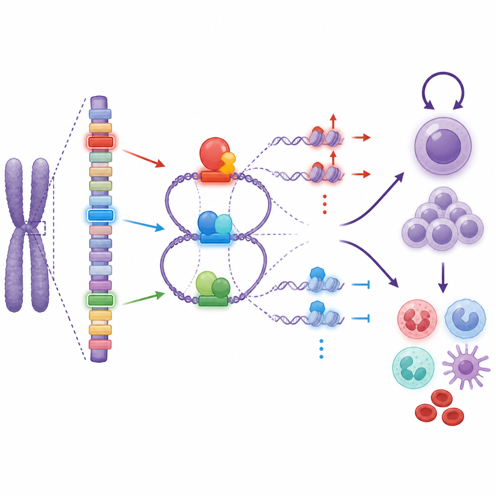 Figure 2. Jak określone miejsca powtórzeń DNA rekrutują białka, by utrzymać samoodnawianie komórek macierzystych białaczki zamiast ich dojrzewania.