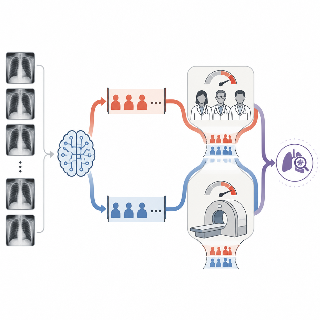 Figure 2. Demostración de cómo la clasificación por IA de las radiografías encuentra los mismos cuellos de botella y no acelera el diagnóstico del cáncer de pulmón.