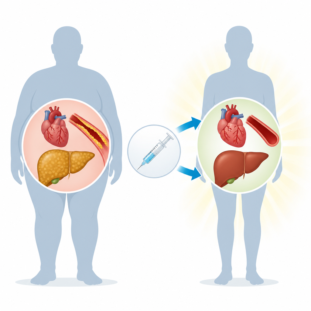 Figure 1. How a weekly weight loss shot can lower heart risk and ease strain on a fatty liver in high risk patients