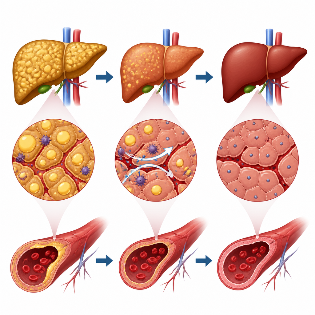 Figure 2. Step by step view of semaglutide helping fatty liver tissue and blood vessels return toward a healthier state