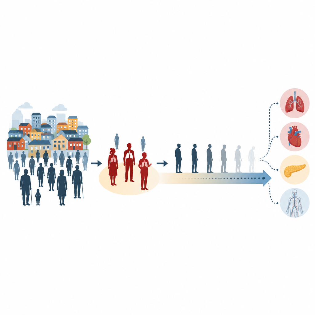 Figure 1. How tuberculosis in poor communities leads to long lasting health risks even after treatment is completed.