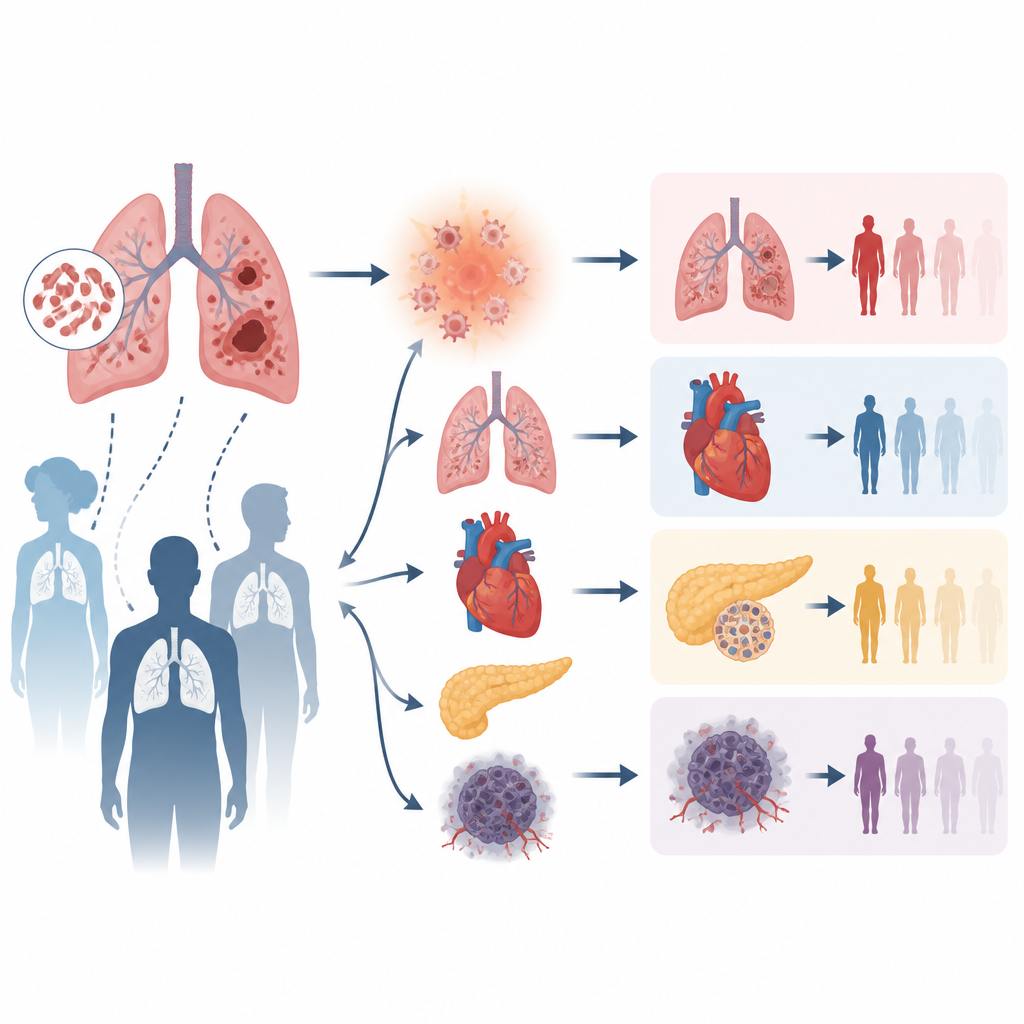 Figure 2. How lung damage and body wide inflammation from tuberculosis raise long term risks for organ disease and death.
