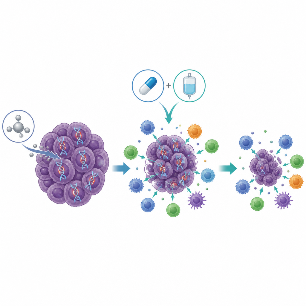 Figure 2. Cómo un inhibidor de PARP y una inmunoterapia, en conjunto, ayudan al sistema inmunitario a reducir tumores de páncreas con defectos en la reparación del ADN.