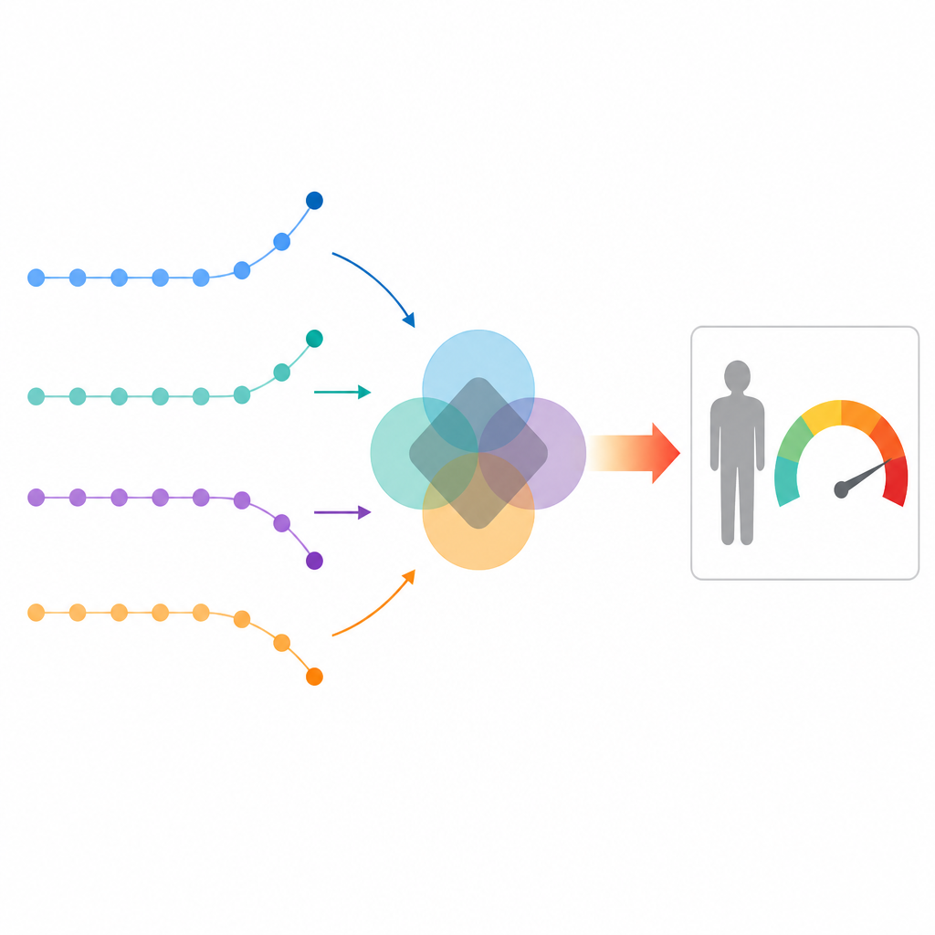 Figure 2. Verschiebungen in vier routinemäßigen Blutmarkern speisen eine Risiko‑Engine, die Alarm schlägt, bevor das Myelom aktiv wird.