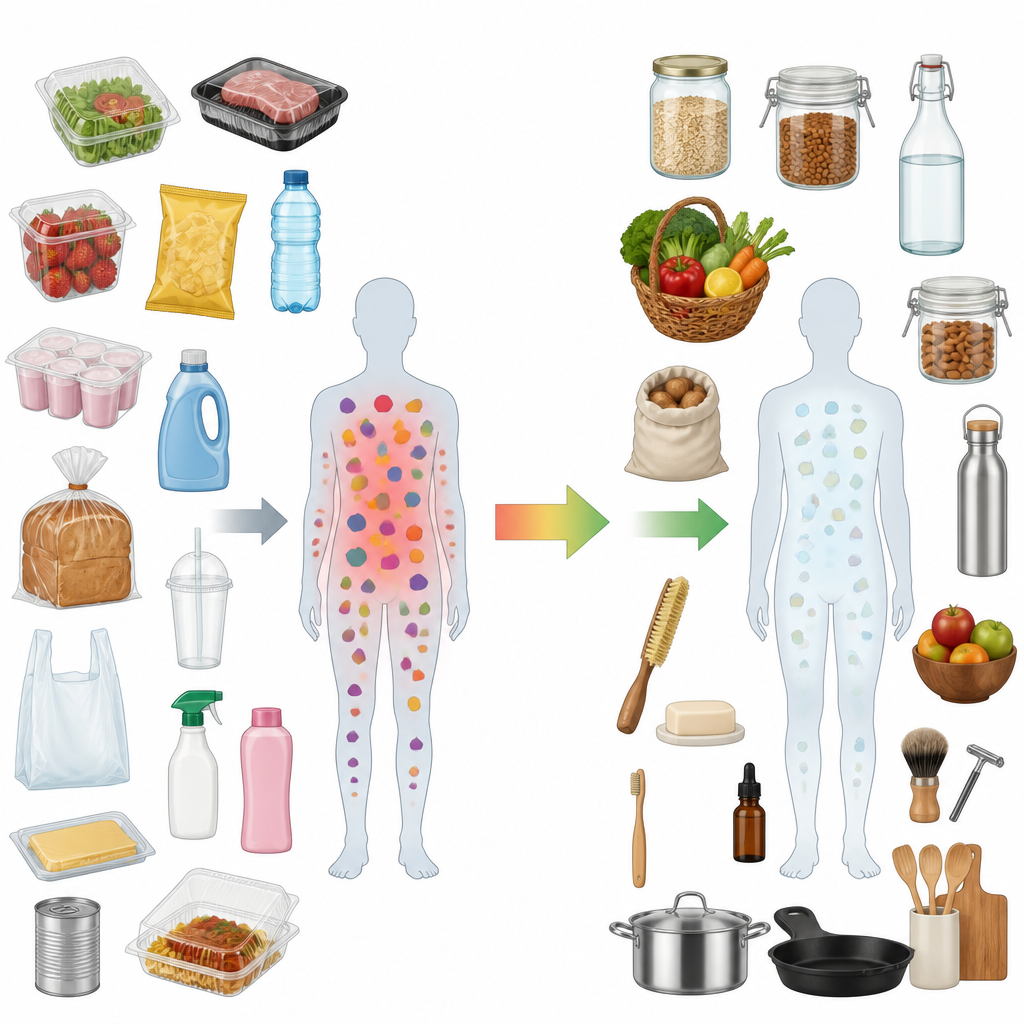 Figure 1. Come la plastica quotidiana presente in alimenti e prodotti modifica i livelli chimici nel corpo e come uno stile di vita a basso contenuto di plastica può ridurli.