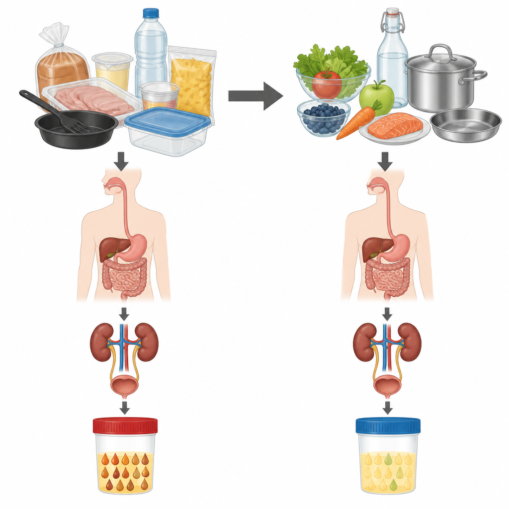 Figure 2. Come passare da alimenti e utensili da cucina ricchi di plastica a opzioni a basso contenuto plastico modifica i composti che il corpo elimina nell'arco di una settimana.