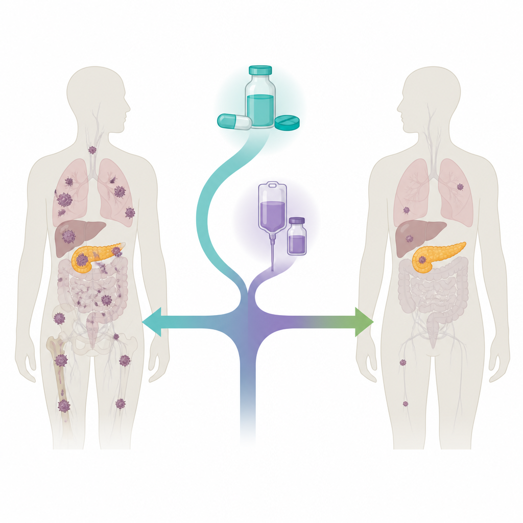 Figure 1. L’aggiunta di un nuovo farmaco alla chemioterapia standard aiuta alcuni pazienti con carcinoma pancreatico avanzato a vivere più a lungo.