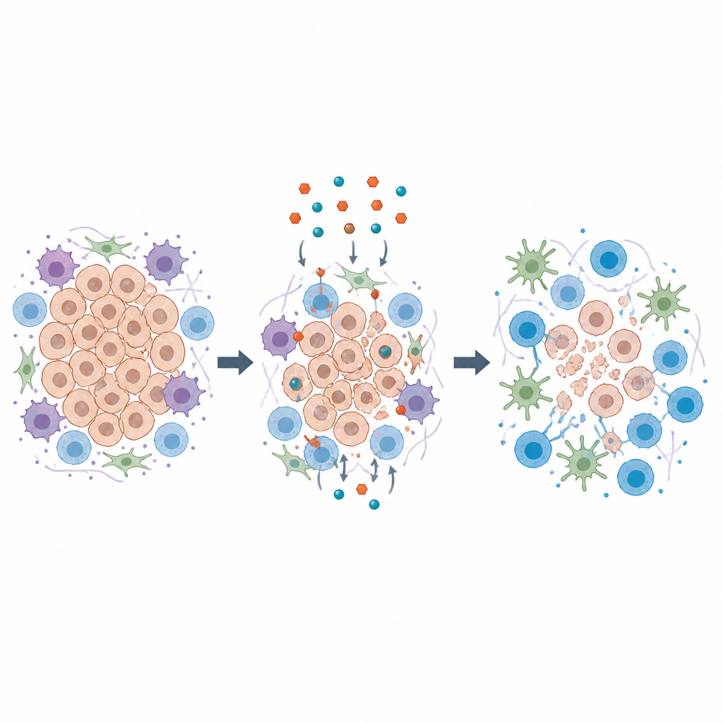 Figure 2. Il nuovo farmaco agisce insieme alla chemioterapia e al sistema immunitario per ridurre i tumori pancreatici e diminuire la sopravvivenza delle cellule tumorali.