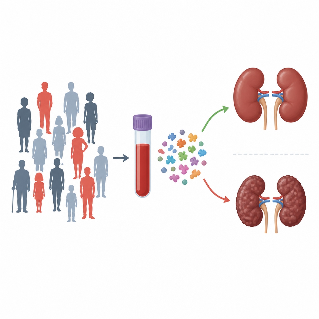 Figure 1. Blood proteins help forecast future kidney health in people with inherited high risk before damage is obvious.