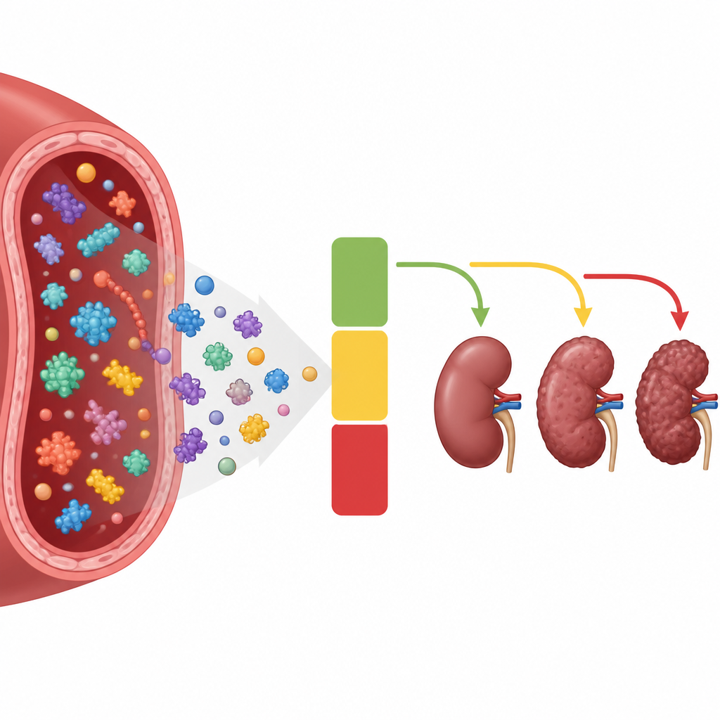 Figure 2. Patterns of many blood proteins feed into a risk scale that tracks increasing kidney scarring and failure over time.