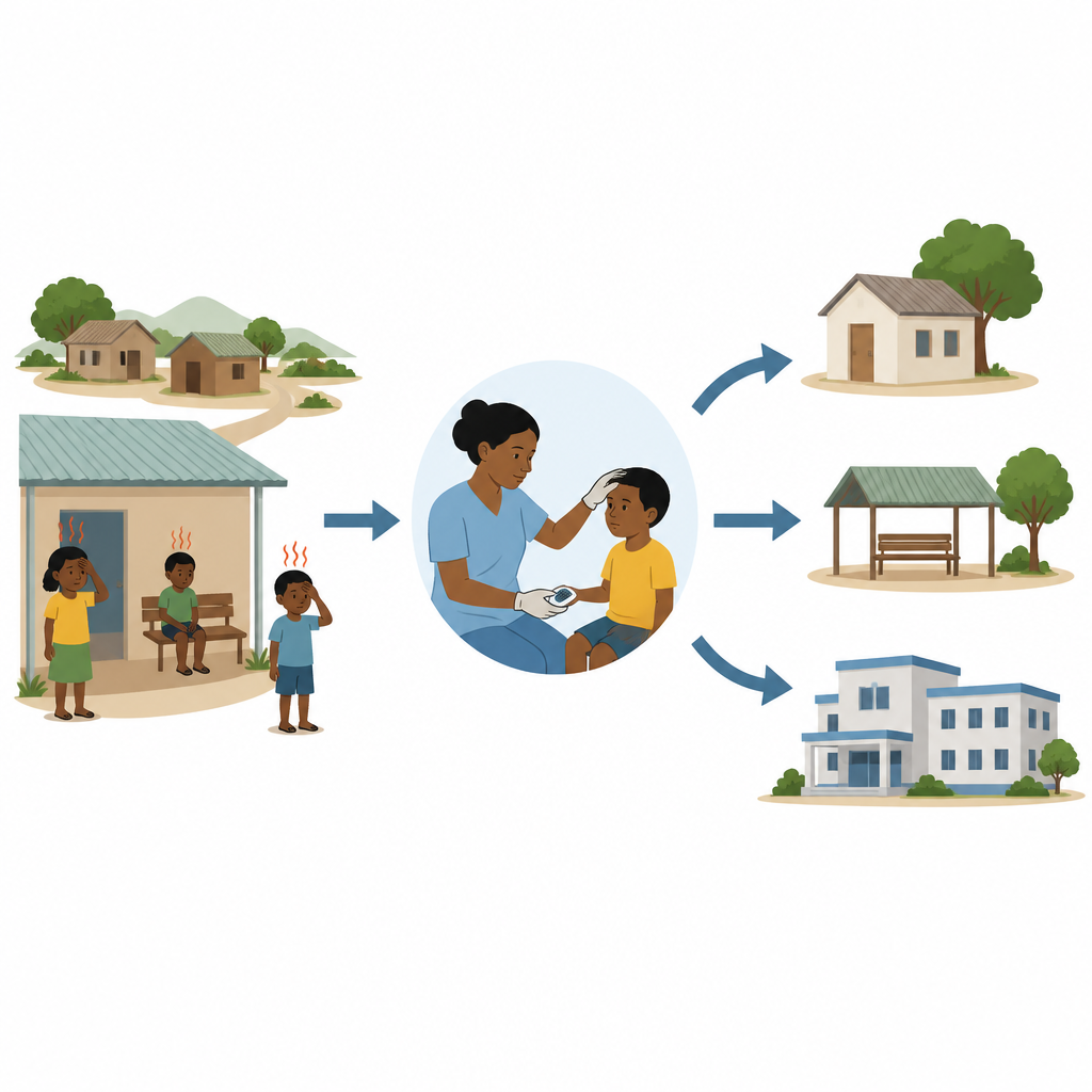 Figure 1. Come semplici controlli ambulatoriali e un sensore da dito guidano decisioni sicure per i bambini con febbre nei villaggi remoti.