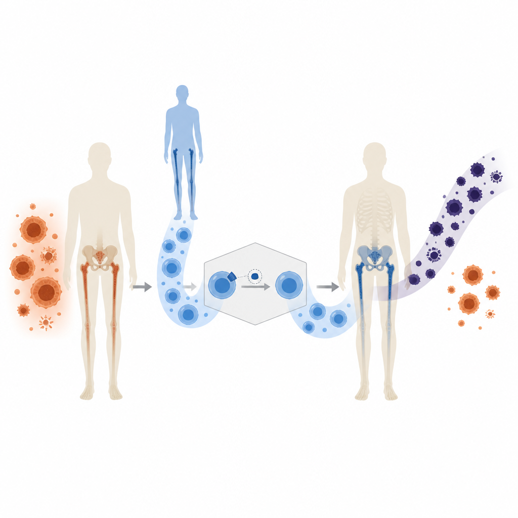 Figure 1. Cellule staminali donatrici modificate geneticamente permettono a un farmaco mirato di attaccare la leucemia risparmiando il nuovo sistema ematico sano.