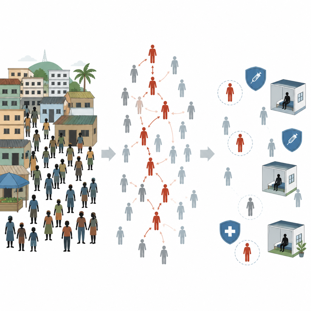 Figure 2. Come l’mpox si propaga attraverso reti sociali dense e come vaccinazione e isolamento rallentino le catene di trasmissione.