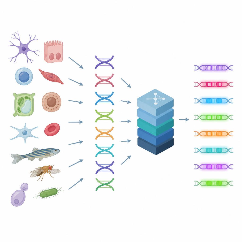 Figure 1. Hoe AI DNA-schakelaars in verschillende cellen leest om hun activiteit over weefsels en species te voorspellen en te ontwerpen.