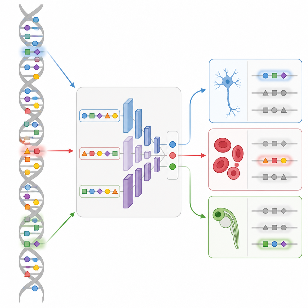 Figure 2. Hoe DNA-motieven door een deep-learningmodel stromen om te bepalen welke cellen reageren op natuurlijke en synthetische enhancers.