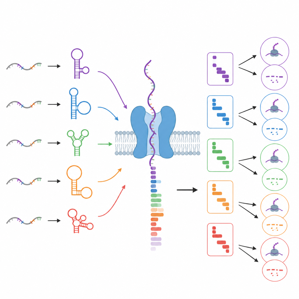 Figure 2. צורות RNA שונות עוברות דרך ננו‑חריר ויוצרות דפוסי אות מובחנים הממוינים לקבוצות מבנה הקשורות לתפקוד.
