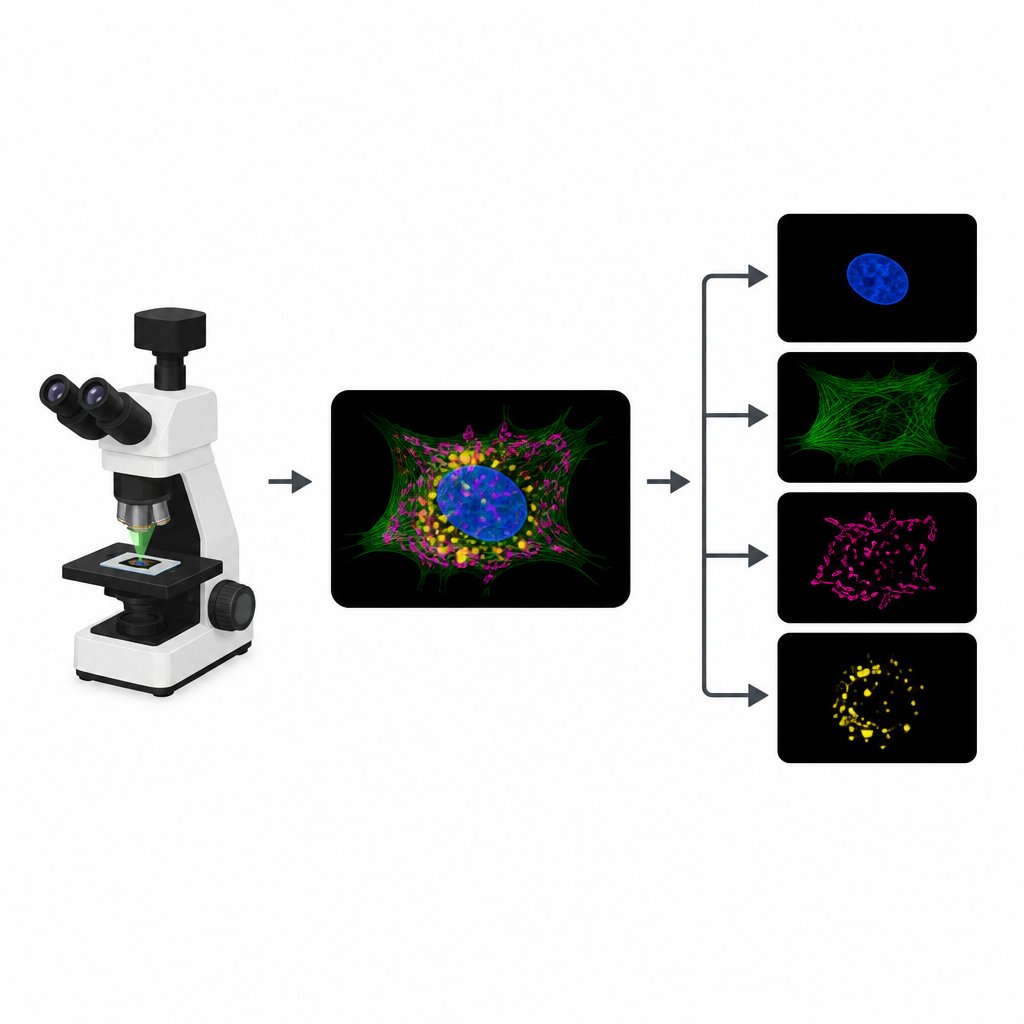 Figure 1. One combined glowing cell image is split into several clear views of individual structures.
