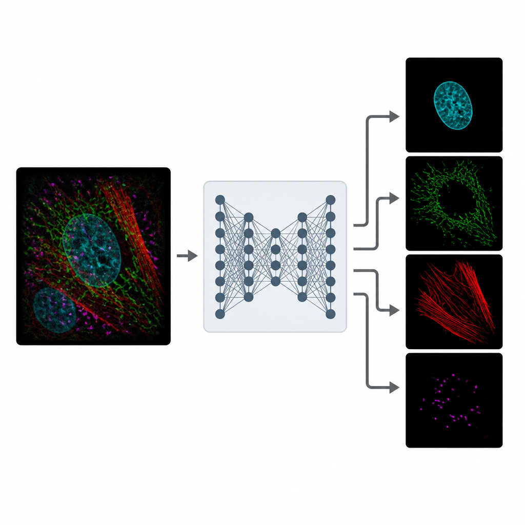 Figure 2. A noisy composite cell image passes through a network and emerges as separate, cleaner structure images.