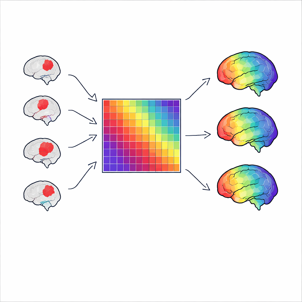 Figure 2. Many different and even random lesion patterns feeding into one connectivity map that yields nearly identical network outputs.