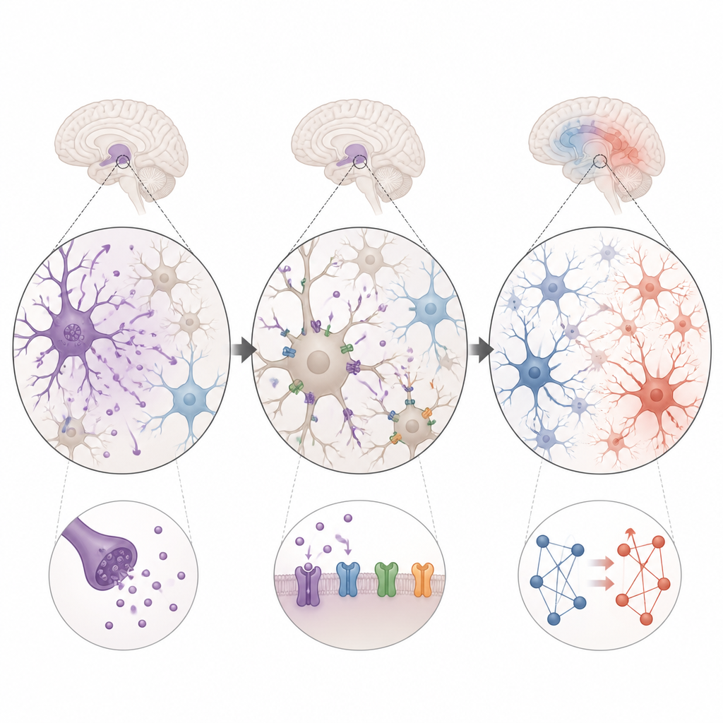 Figure 2. Hur diffunderande neuropeptider interagerar med lokala receptorer för att gradvis skifta hjärnans nätverk mellan olika aktivitetsstater.