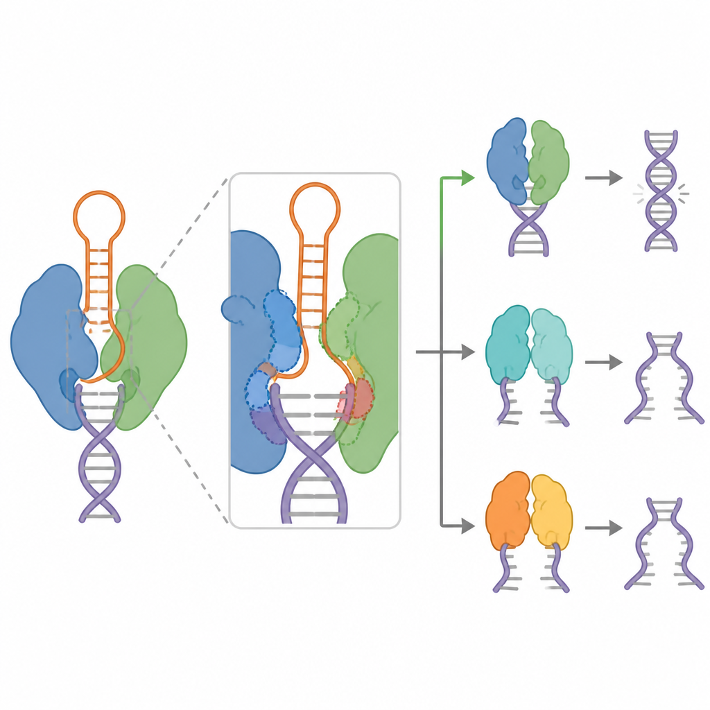 Figure 2. Komşu enzimlerin takılmasına karşın, kompakt bir CRISPR proteinin kılavuzunu ve DNA’yı nasıl kavrayarak verimli düzenleme sağladığı.
