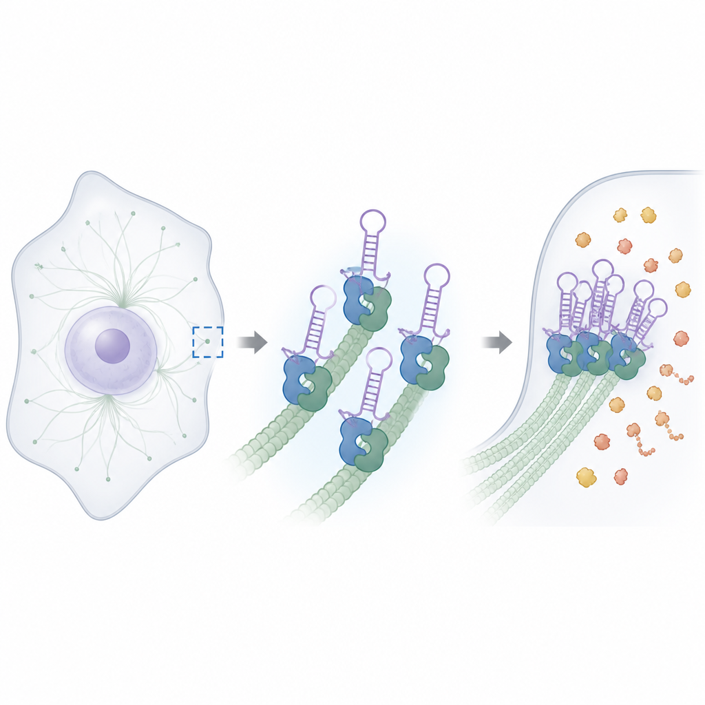Figure 1. Wie ein vielseitiger Adapter unterschiedliche RNA‑Botschaften zu präzisen Orten innerhalb der Zelle dirigiert.