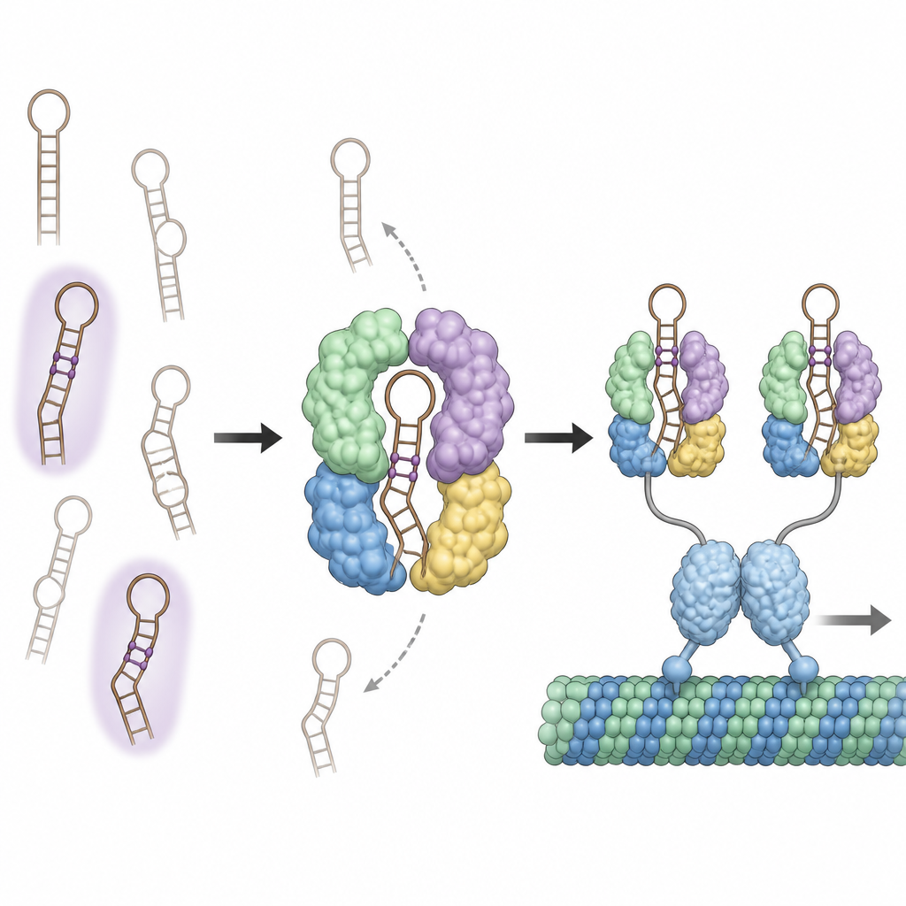 Figure 2. Wie gebogene RNA‑Formen und gepaarte Elemente einen Motorokomplex für gezielten RNA‑Transport aktivieren.
