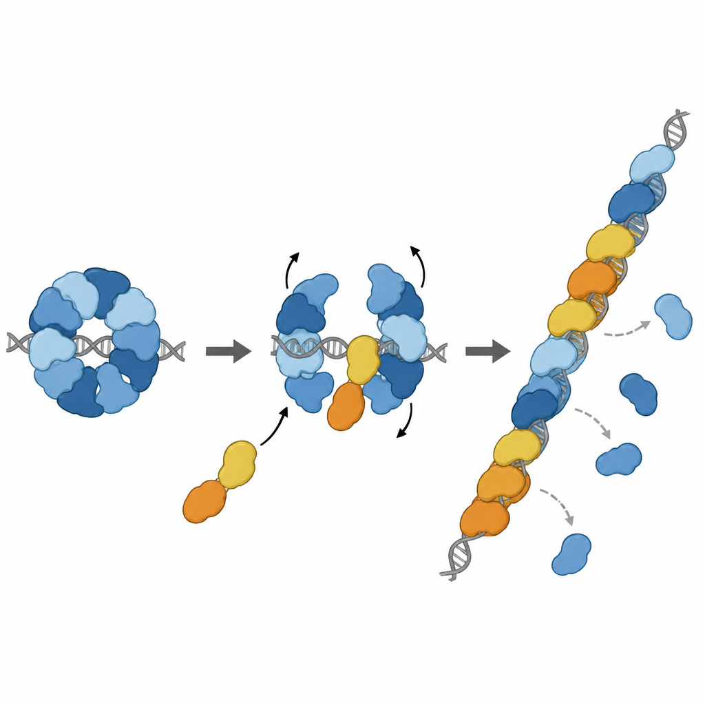 Figure 2. Como um par de proteínas destrava um complexo RAD51 bloqueado para que ele possa construir um filamento de reparo ativo sobre o DNA.