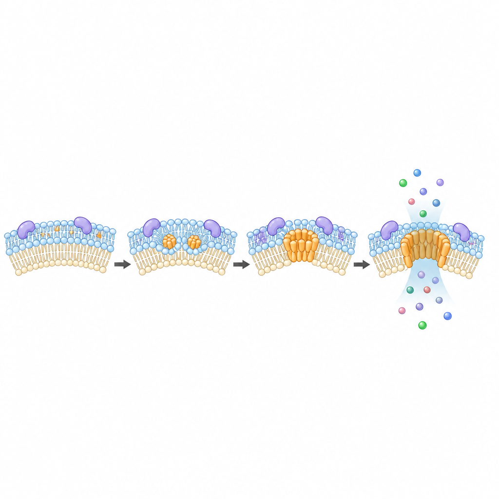 Figure 2. Helferprotein und Lipide lenken kleine Poreneinheiten dazu, zu einer großen Öffnung zu verschmelzen, durch die mitochondriale Inhalte entweichen können.