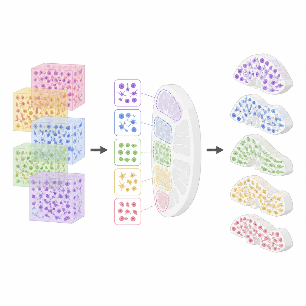 Figure 2. Come i campioni di tessuto vengono trasformati in mappe 3D dettagliate dei tipi cellulari all'interno di regioni precise di un organo.