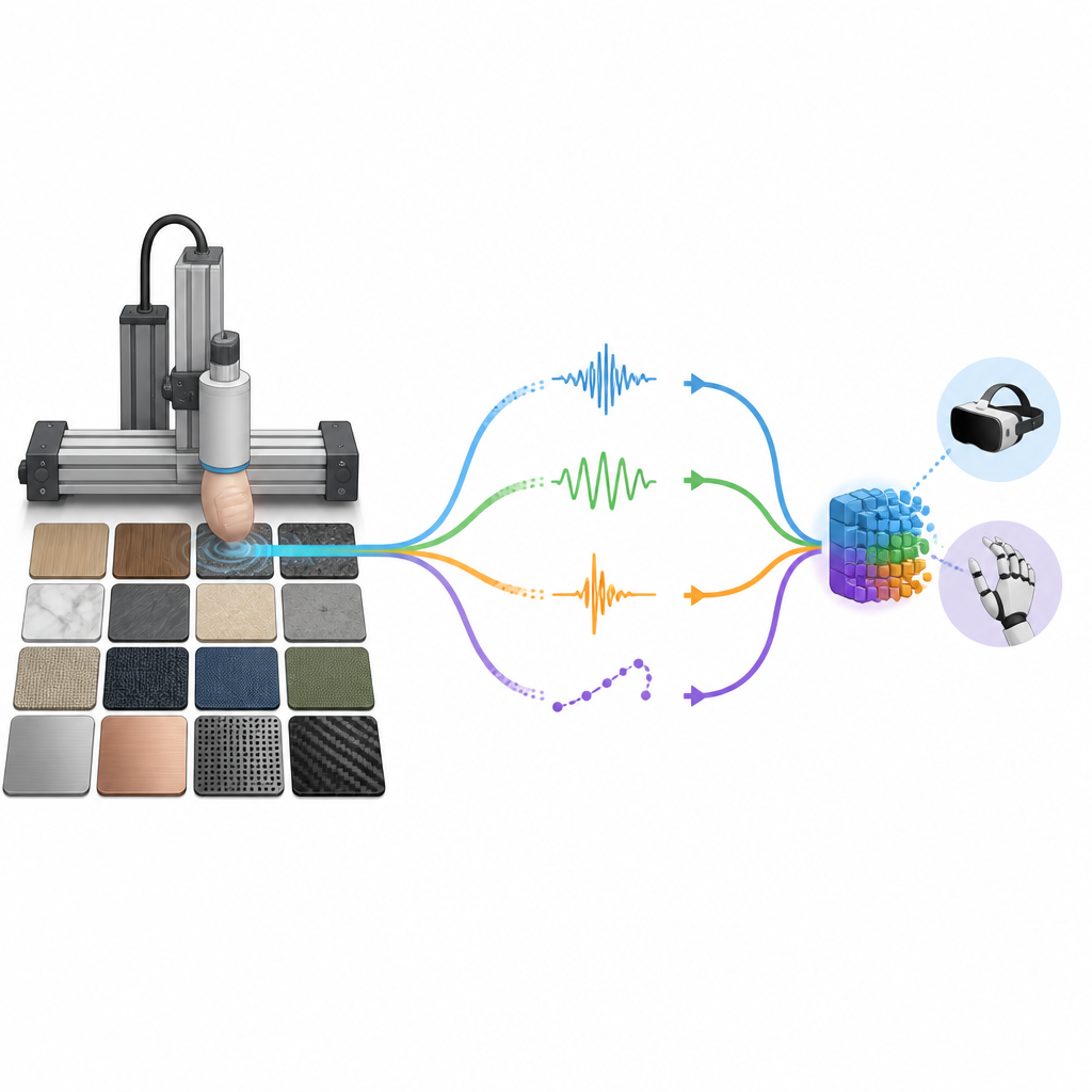 Figure 1. Come la punta di un dito robotico scorre su molte superfici per costruire una ricca libreria tattile per VR e robot.