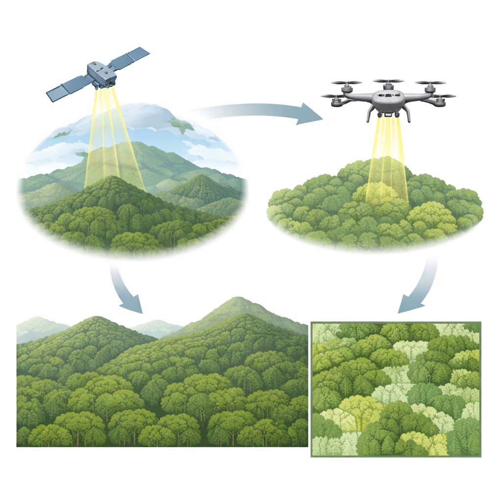 Figure 1. How space and drone sensors work together to map tree height across a mountainous forest city.
