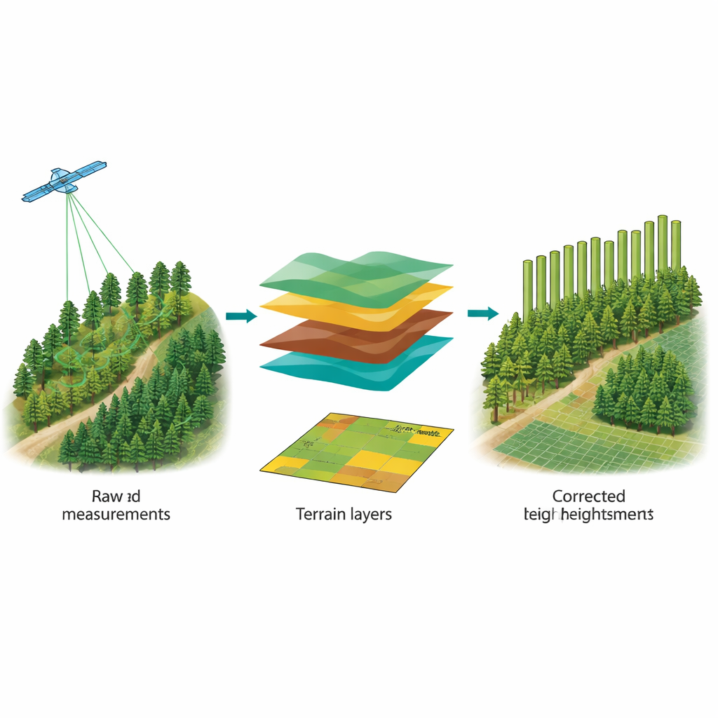 Figure 2. How terrain information helps correct raw laser height readings to build an accurate 10 m forest height map.
