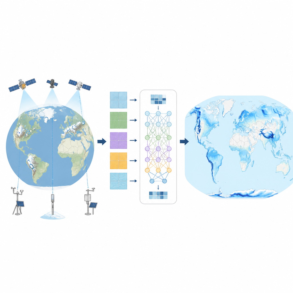 Figure 1. 散在する雪と気象の観測がどのようにして世界規模の日次雪貯水マップになるか。