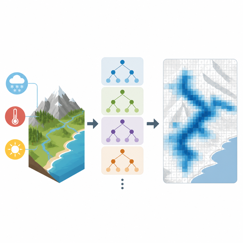 Figure 2. 地形や気象の特徴がどのように機械学習モデルに与えられ、世界中の各グリッドセルの雪水量を予測するか。