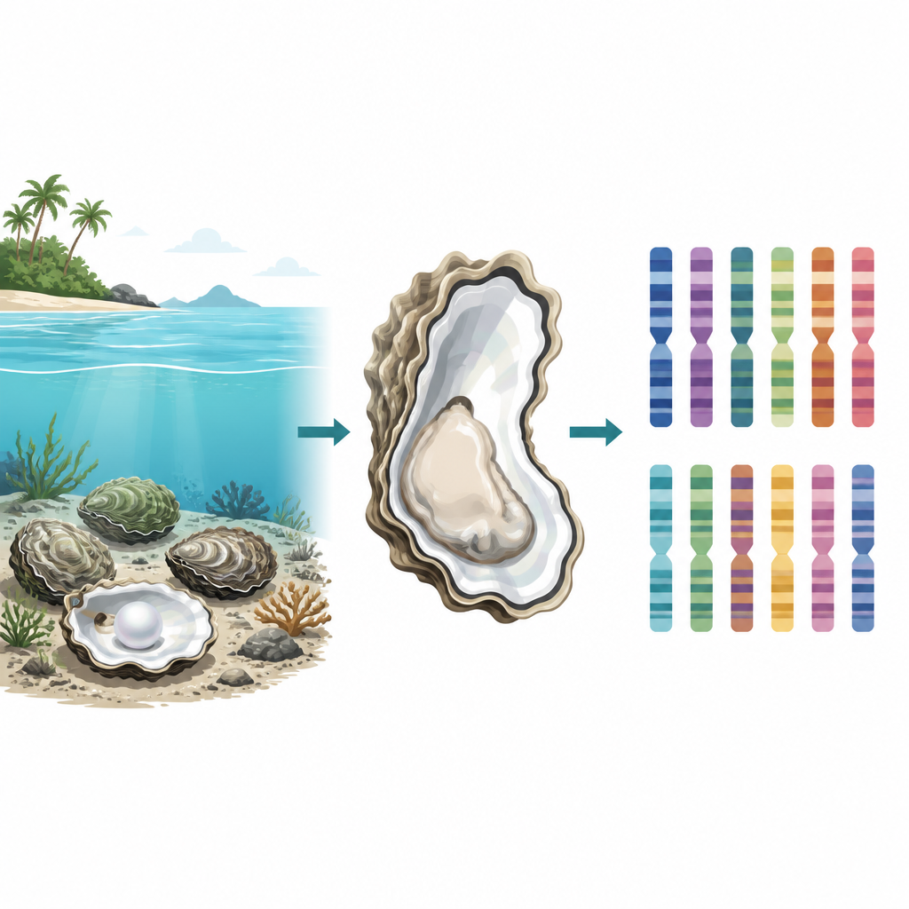 Figure 1. 真珠貝の生息環境、体、DNA がどのように結びついて価値ある南洋真珠を形作るか。