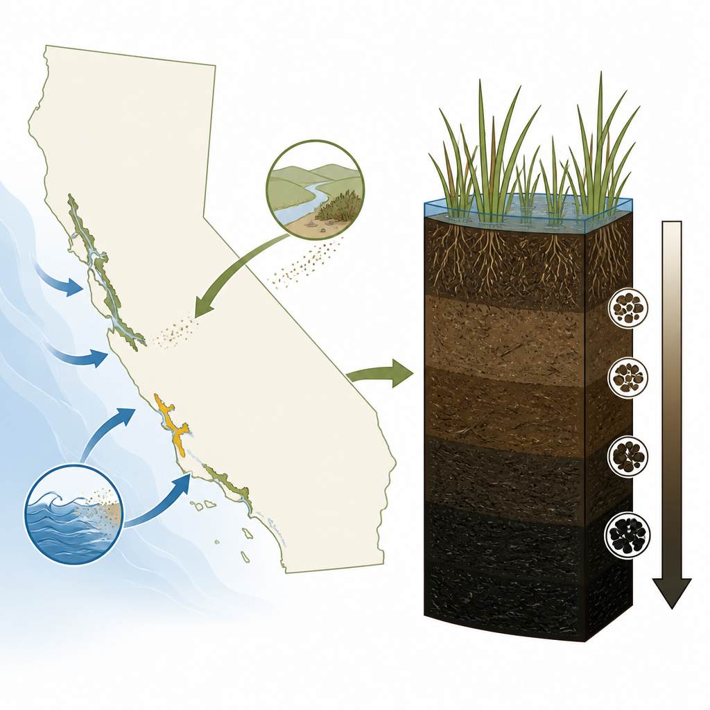 Figure 1. Cómo los humedales costeros de California capturan y almacenan carbono en sus suelos fangosos a lo largo de la costa.