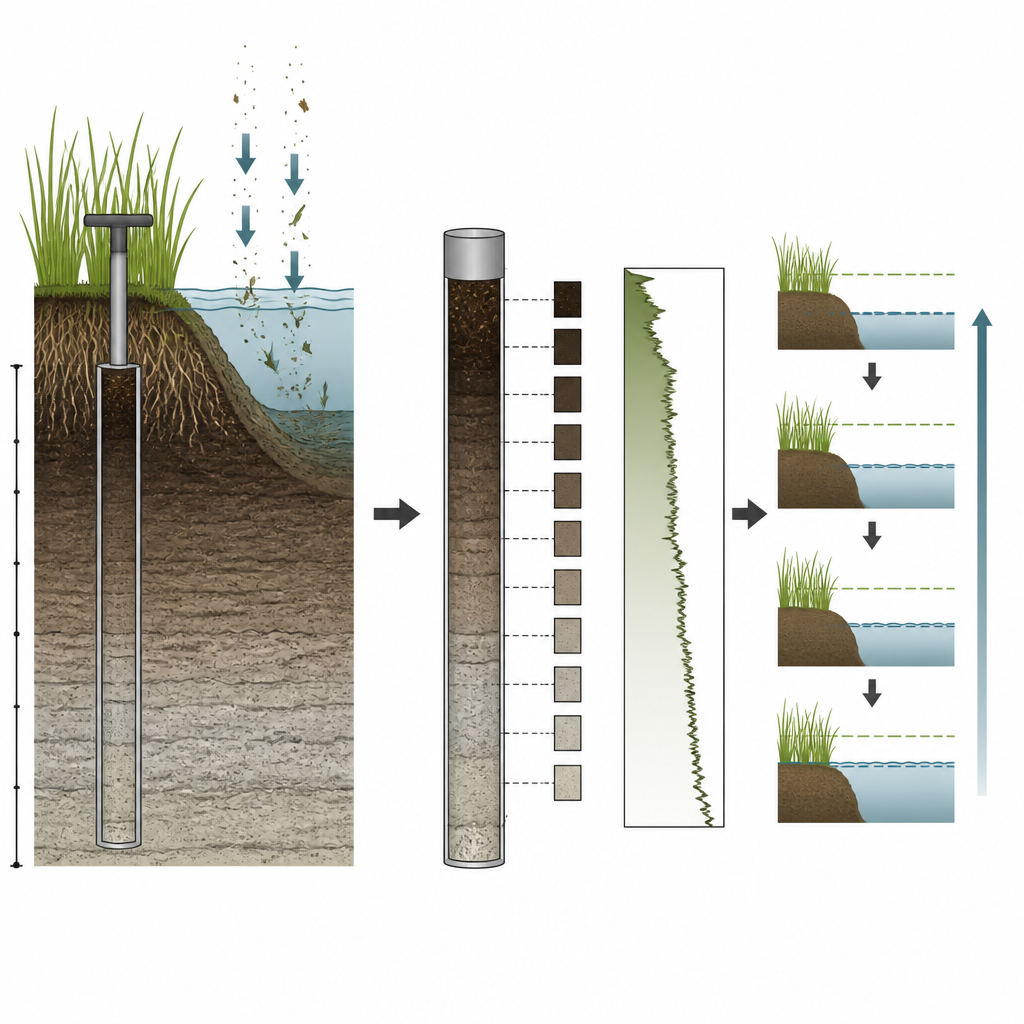 Figure 2. Cómo los científicos utilizan testigos de suelo de marisma para observar capas a lo largo del tiempo y estimar la rapidez con que se acumula el carbono.